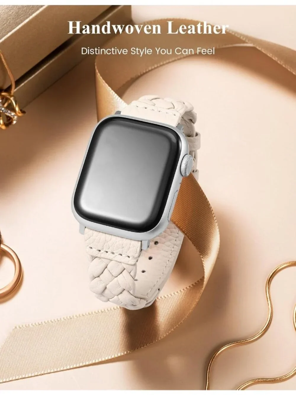 Women's Starlight/Silver Braided Leather Strap Compatible with Apple Wrist Watch